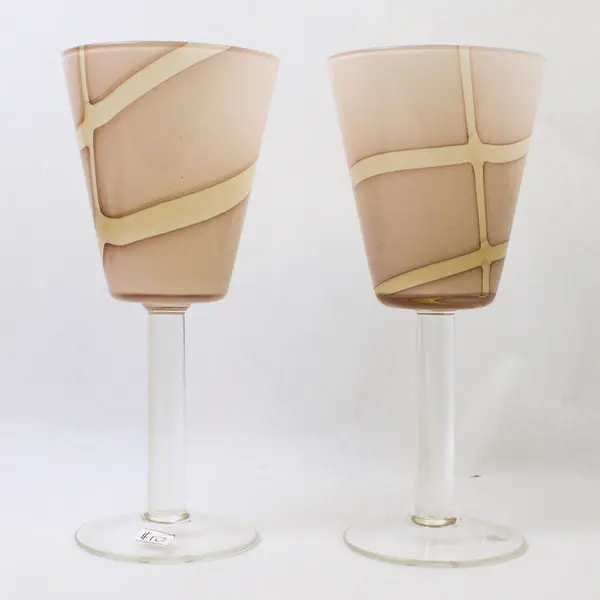 Pair of Hand-Blown Wine/Water Goblets/Glasses, Geometric Peach Colored Pattern
