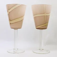 Pair of Hand-Blown Wine/Water Goblets/Glasses, Geometric Peach Colored Pattern