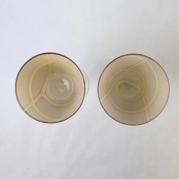Pair of Hand-Blown Wine/Water Goblets/Glasses, Geometric Peach Colored Pattern