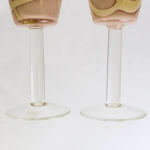 Pair of Hand-Blown Wine/Water Goblets/Glasses, Geometric Peach Colored Pattern