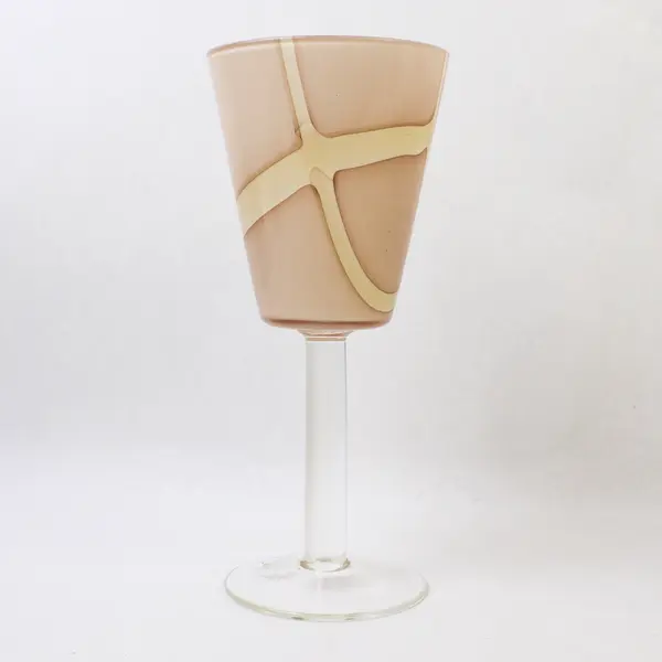 Pair of Hand-Blown Wine/Water Goblets/Glasses, Geometric Peach Colored Pattern