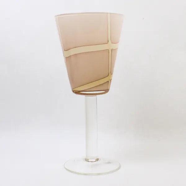 Pair of Hand-Blown Wine/Water Goblets/Glasses, Geometric Peach Colored Pattern