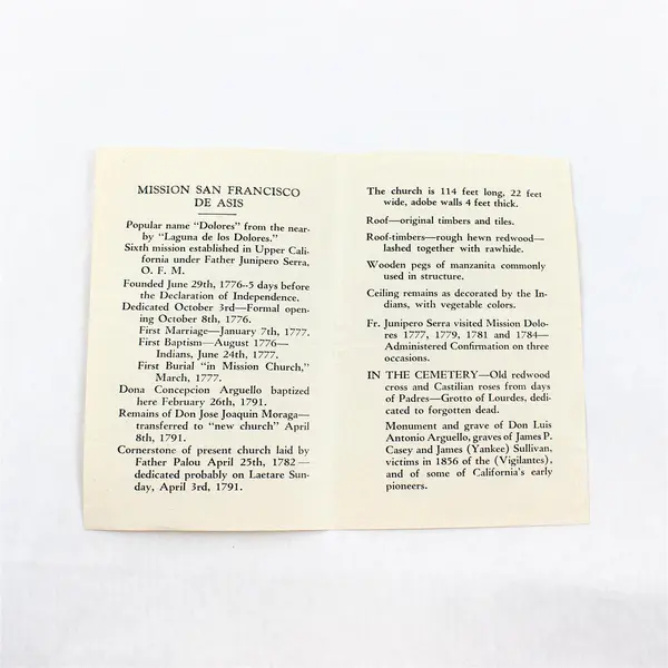Mission Dolores Brochure History San Francisco California Travel Tour 1930s