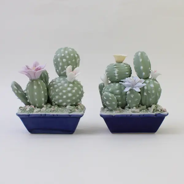 Lot of 2 Ceramic Cactus Figurines with Purple & Pink Flowers