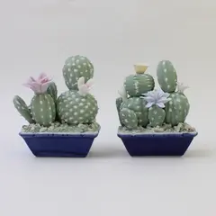 Lot of 2 Ceramic Cactus Figurines with Purple & Pink Flowers