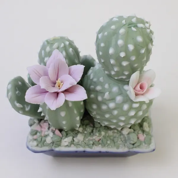 Lot of 2 Ceramic Cactus Figurines with Purple & Pink Flowers