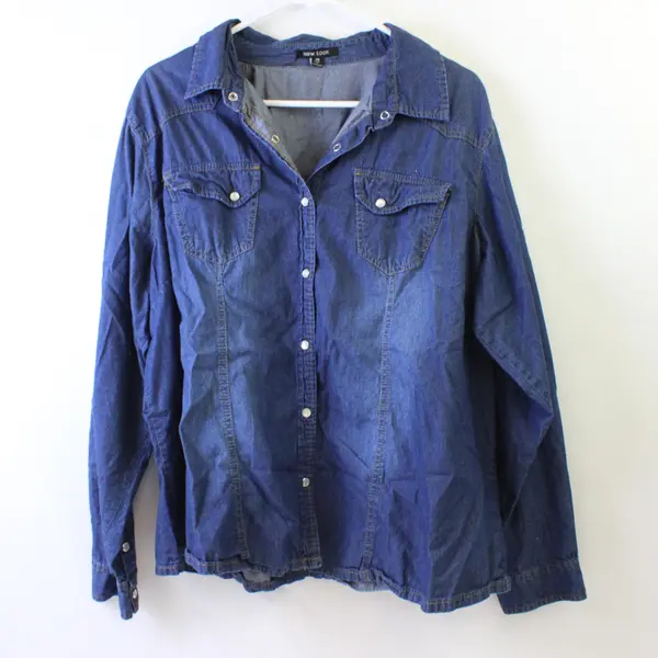 New Look Women's 3X Medium Wash Long Sleeve Pearl Snap Button Up Shirt