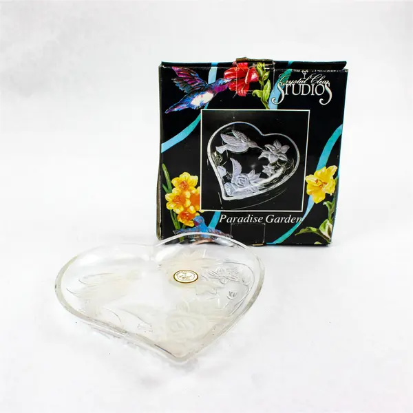 Crystal Clear Studios Paradise Garden Heart Glass Candy Dish Birds Flowers New
