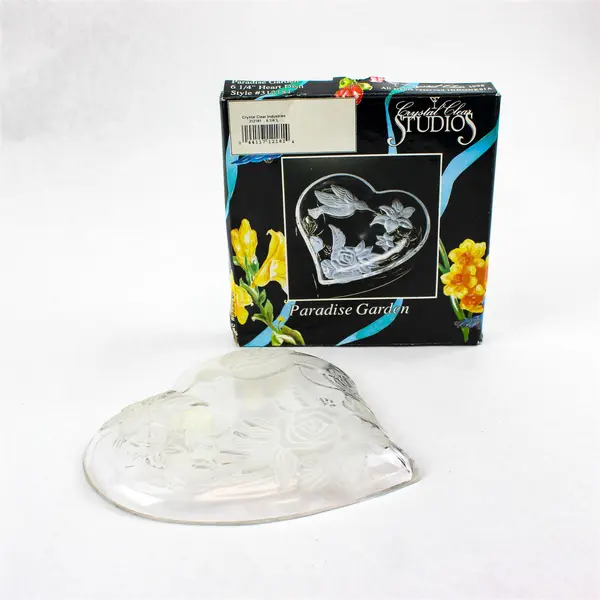 Crystal Clear Studios Paradise Garden Heart Glass Candy Dish Birds Flowers New