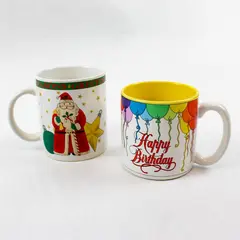Lot of 2 Ceramic Coffee Mugs - Santa 'Seasons Greetings' & Birthday Balloons