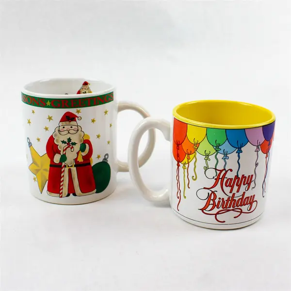 Lot of 2 Ceramic Coffee Mugs - Santa 'Seasons Greetings' & Birthday Balloons