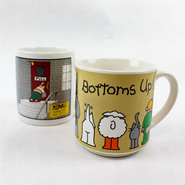 Lot of 2 FarSide Bottoms Up Ceramic Coffee Mugs Brown & White