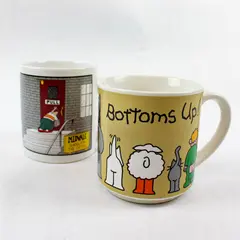 Lot of 2 FarSide Bottoms Up Ceramic Coffee Mugs Brown & White
