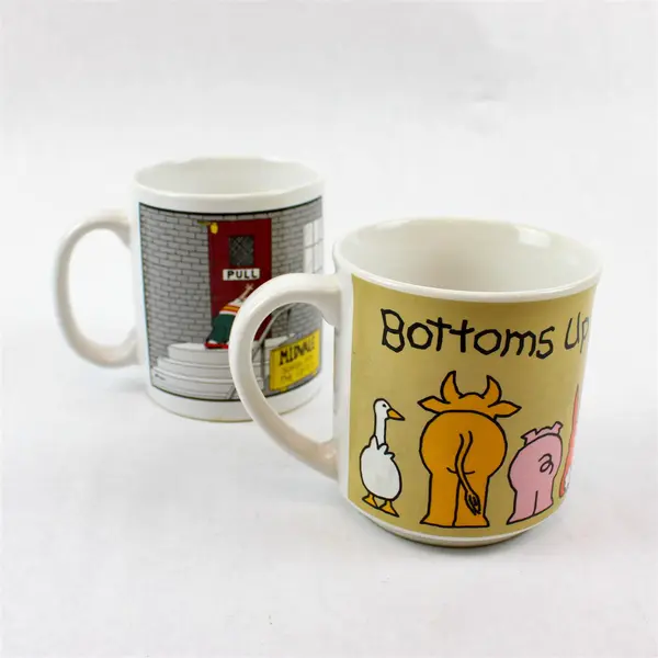 Lot of 2 FarSide Bottoms Up Ceramic Coffee Mugs Brown & White