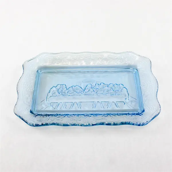 Vintage Tiara Indiana Glass Blue The Last Supper Bread Plate Tray 11"
