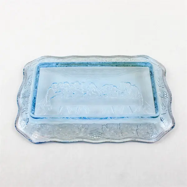 Vintage Tiara Indiana Glass Blue The Last Supper Bread Plate Tray 11"