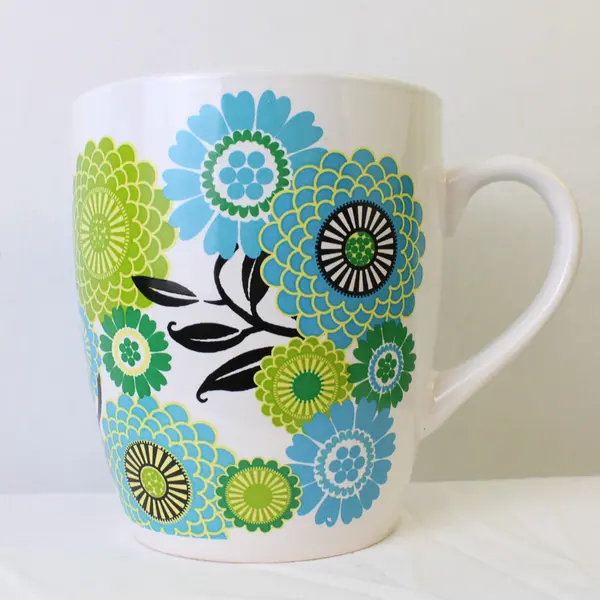 Walmart Stores Inc White With Green/Blue Ceramic Jumbo Flower Mug 5.25" Tall
