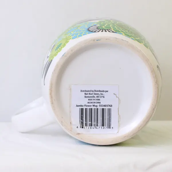 Walmart Stores Inc White With Green/Blue Ceramic Jumbo Flower Mug 5.25" Tall