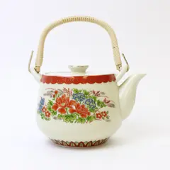Vintage Japanese Hand-Painted Floral Ceramic Teapot w/ Bamboo Handle