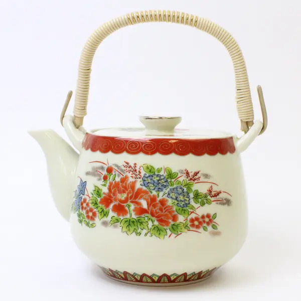 Vintage Japanese Hand-Painted Floral Ceramic Teapot w/ Bamboo Handle