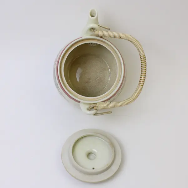 Vintage Japanese Hand-Painted Floral Ceramic Teapot w/ Bamboo Handle