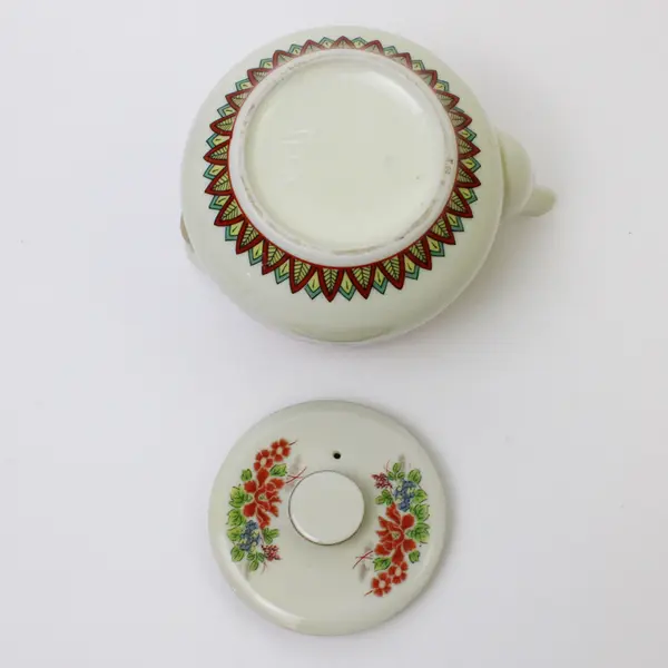 Vintage Japanese Hand-Painted Floral Ceramic Teapot w/ Bamboo Handle