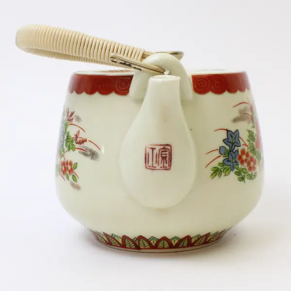 Vintage Japanese Hand-Painted Floral Ceramic Teapot w/ Bamboo Handle