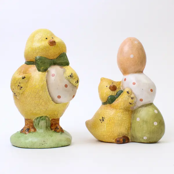 Lot of 2 Easter Yellow Chick Ceramic Figurines Hand-Painted Speckled Eggs