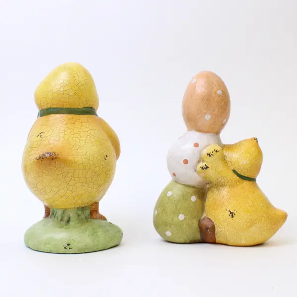 Lot of 2 Easter Yellow Chick Ceramic Figurines Hand-Painted Speckled Eggs