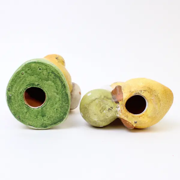 Lot of 2 Easter Yellow Chick Ceramic Figurines Hand-Painted Speckled Eggs