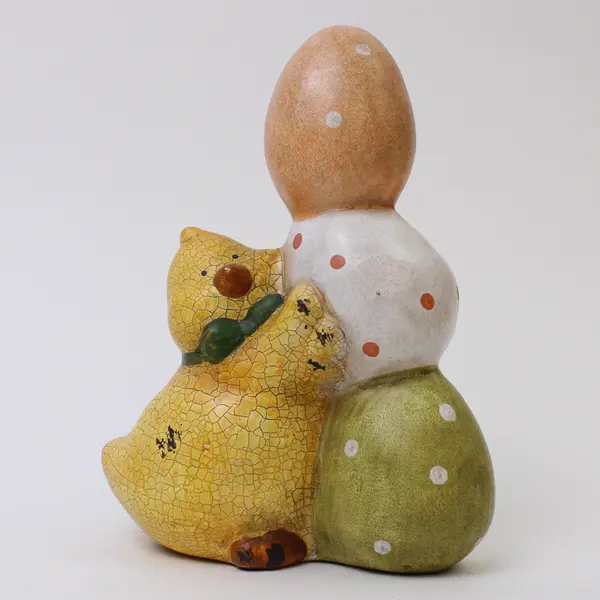 Lot of 2 Easter Yellow Chick Ceramic Figurines Hand-Painted Speckled Eggs