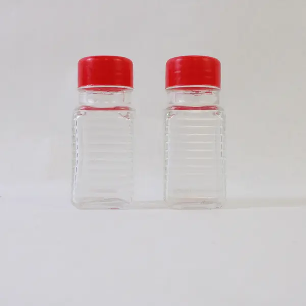 Vintage Square Glass Salt & Pepper Shakers w/ Red Plastic Lids Mid-Century