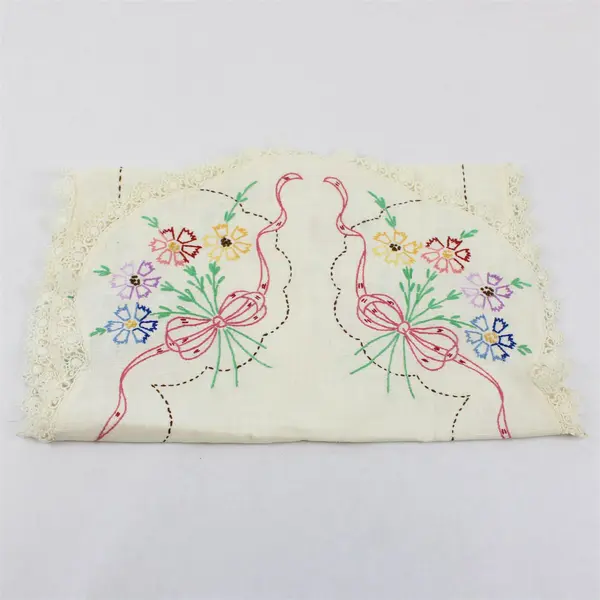 Vintage Floral Embroidered Lace Trim Off-White Oblong Dresser Scarf 13" x 35"
