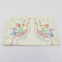 Vintage Floral Embroidered Lace Trim Off-White Oblong Dresser Scarf 13" x 35"