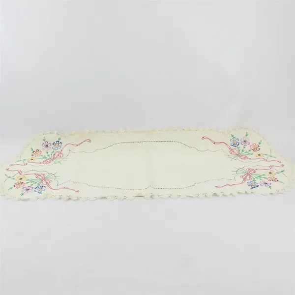 Vintage Floral Embroidered Lace Trim Off-White Oblong Dresser Scarf 13" x 35"