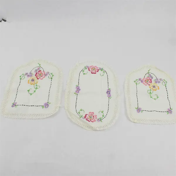 Set of 3 Vintage Handmade Floral Embroidered Off-White Doilies Flawed