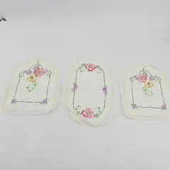 Set of 3 Vintage Handmade Floral Embroidered Off-White Doilies Flawed
