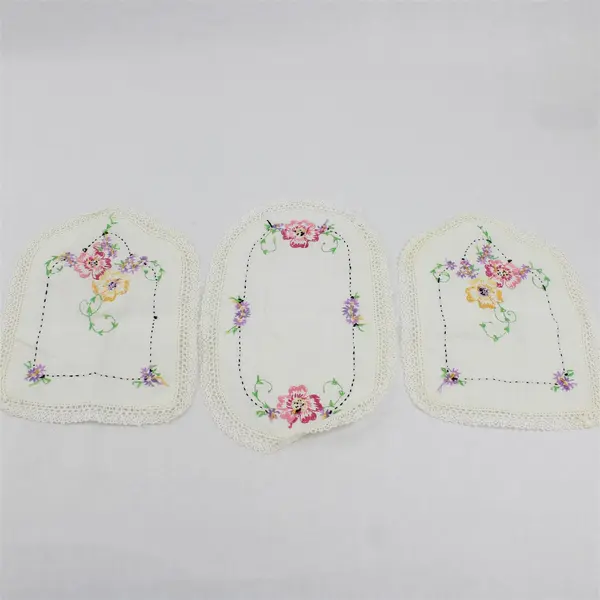 Set of 3 Vintage Handmade Floral Embroidered Off-White Doilies Flawed