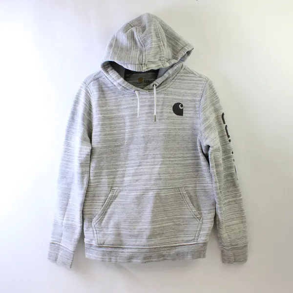 Carhartt Women's M (8-10) Striped Gray Logo Pullover Hooded Sweatshirt