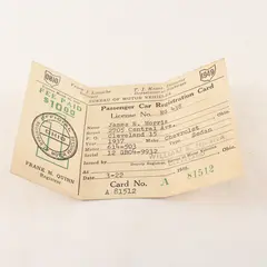 Vintage 1949 Ohio Passenger Car Registration Card For 1937 Chevrolet Sedan