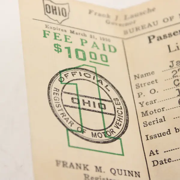 Vintage 1949 Ohio Passenger Car Registration Card For 1937 Chevrolet Sedan