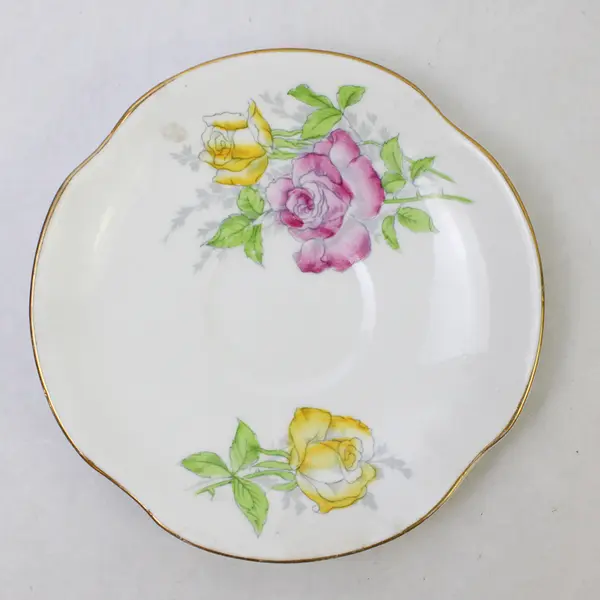 Victoria C & E Bone China Pink & Yellow Floral Saucer Gold Trim Vintage