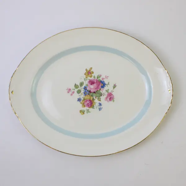Eggshell Nautilus Oval Serving Tray Pink Rose Motif Gold Trim 13.5 in