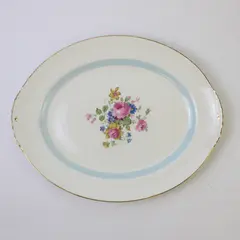 Eggshell Nautilus Oval Serving Tray Pink Rose Motif Gold Trim 13.5 in