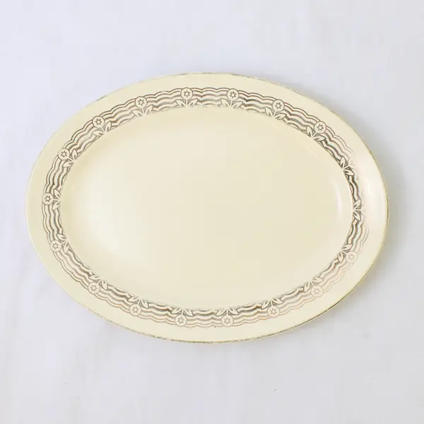 Homer Laughlin Oval Platter Pale Yellow Wave Border Gold Trim 11.5in
