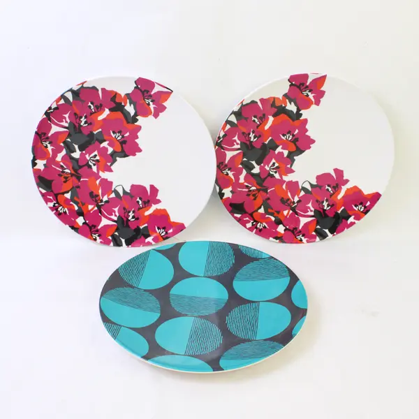 Lot of 3 Melamine Plates 10.5in Floral Pink Orange & Black Blue Circles