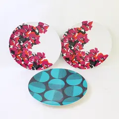 Lot of 3 Melamine Plates 10.5in Floral Pink Orange & Black Blue Circles