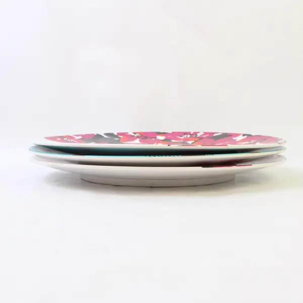 Lot of 3 Melamine Plates 10.5in Floral Pink Orange & Black Blue Circles