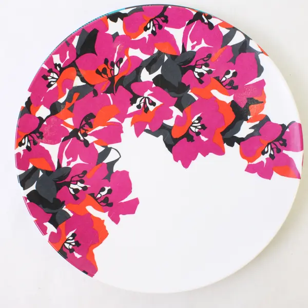 Lot of 3 Melamine Plates 10.5in Floral Pink Orange & Black Blue Circles