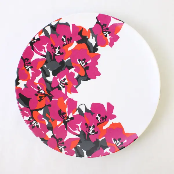 Lot of 3 Melamine Plates 10.5in Floral Pink Orange & Black Blue Circles